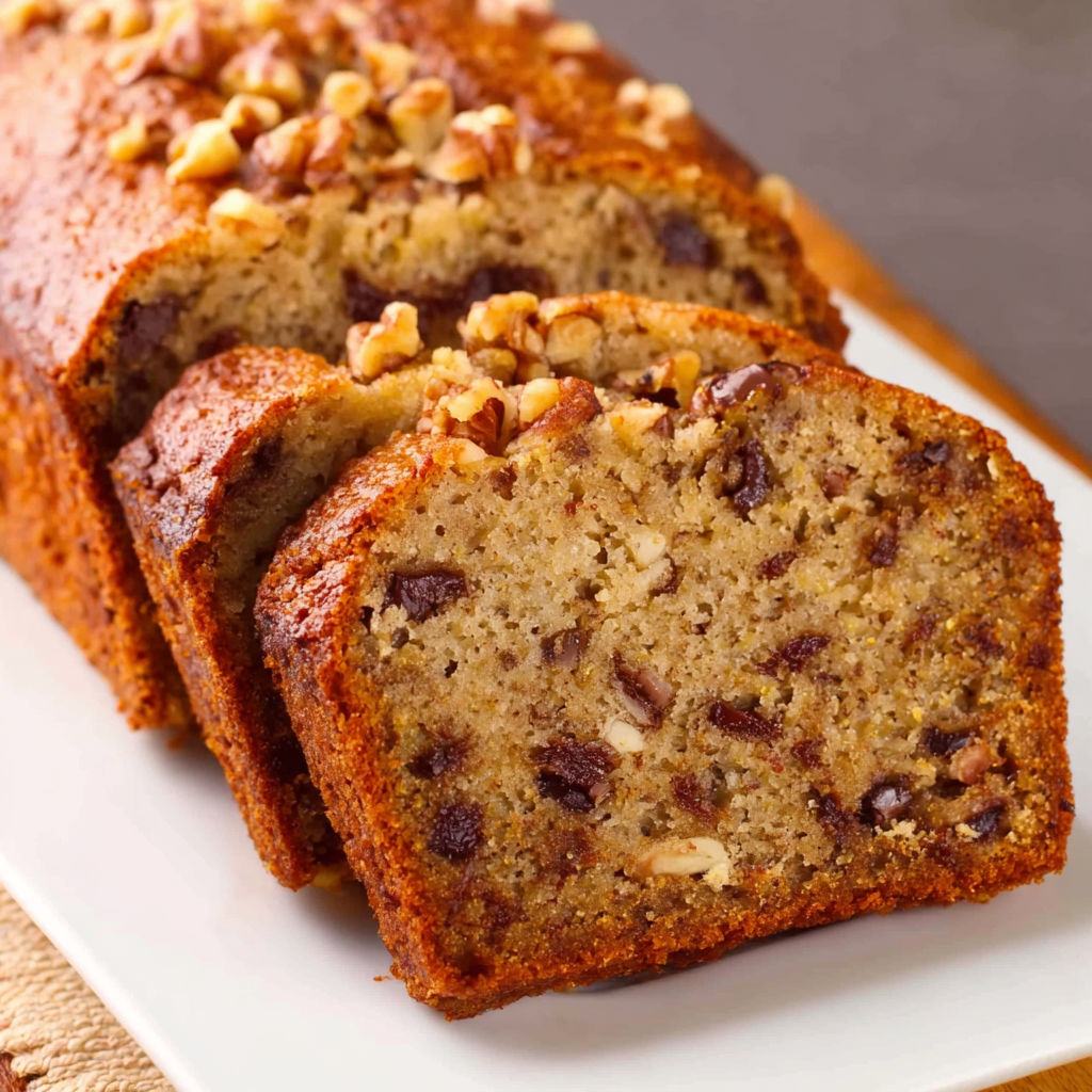 A slice of banana bread with nuts on a plate.