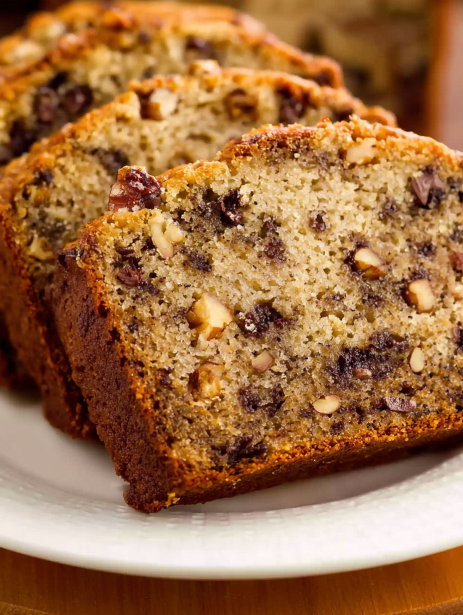 A slice of banana bread with nuts on top.