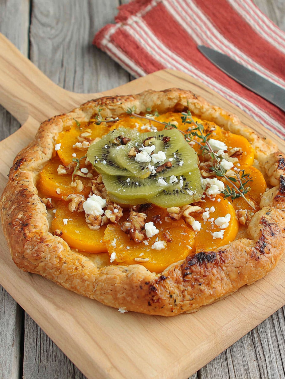 A pizza with kiwi and feta cheese on top.