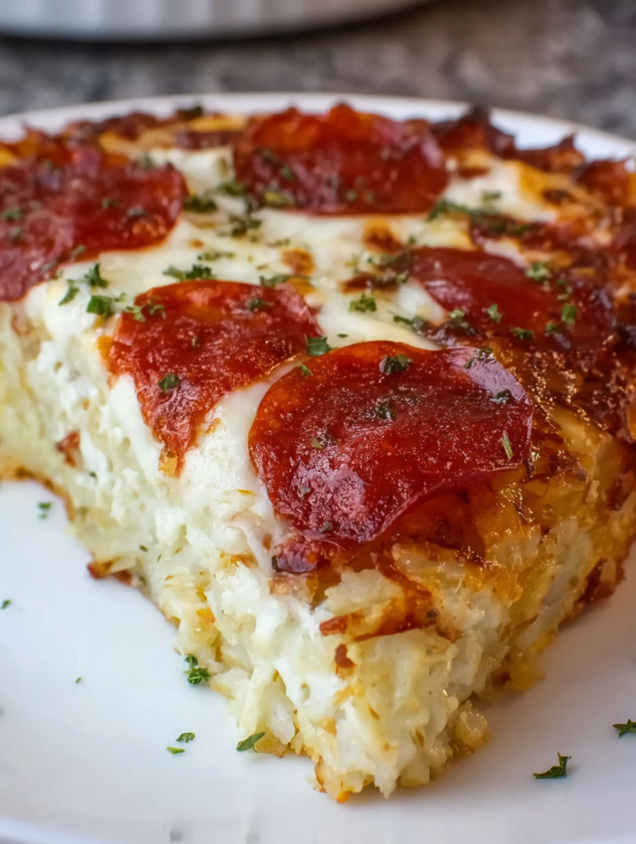 A slice of pizza on a plate.