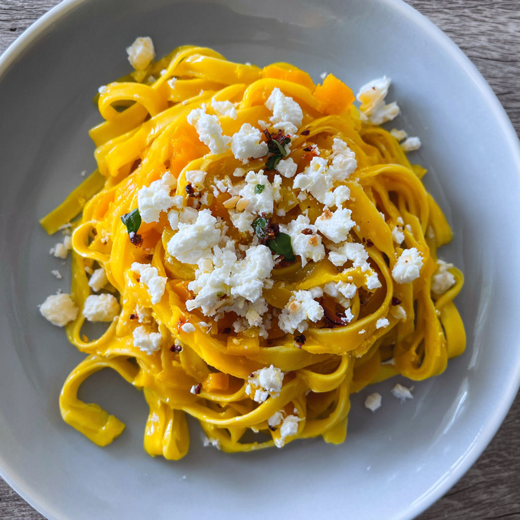 A plate of pasta with cheese and squash.