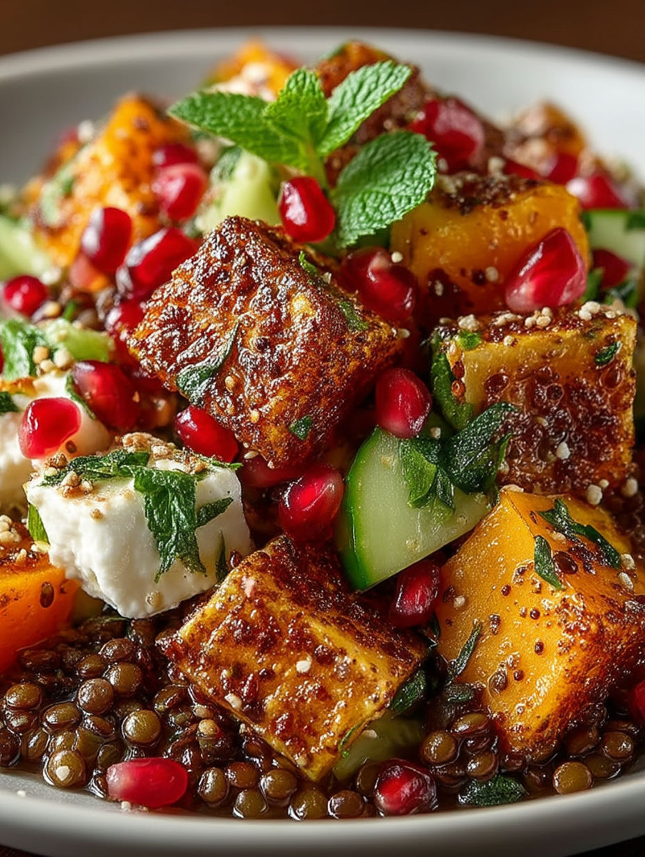 A dish of food with feta cheese, cucumbers, and pomegranates.