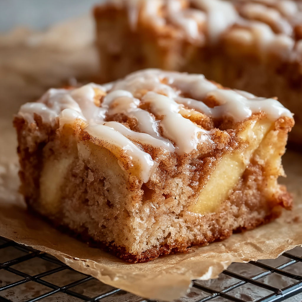 A slice of zimtschnecken-apfelkuchen on a paper towel.