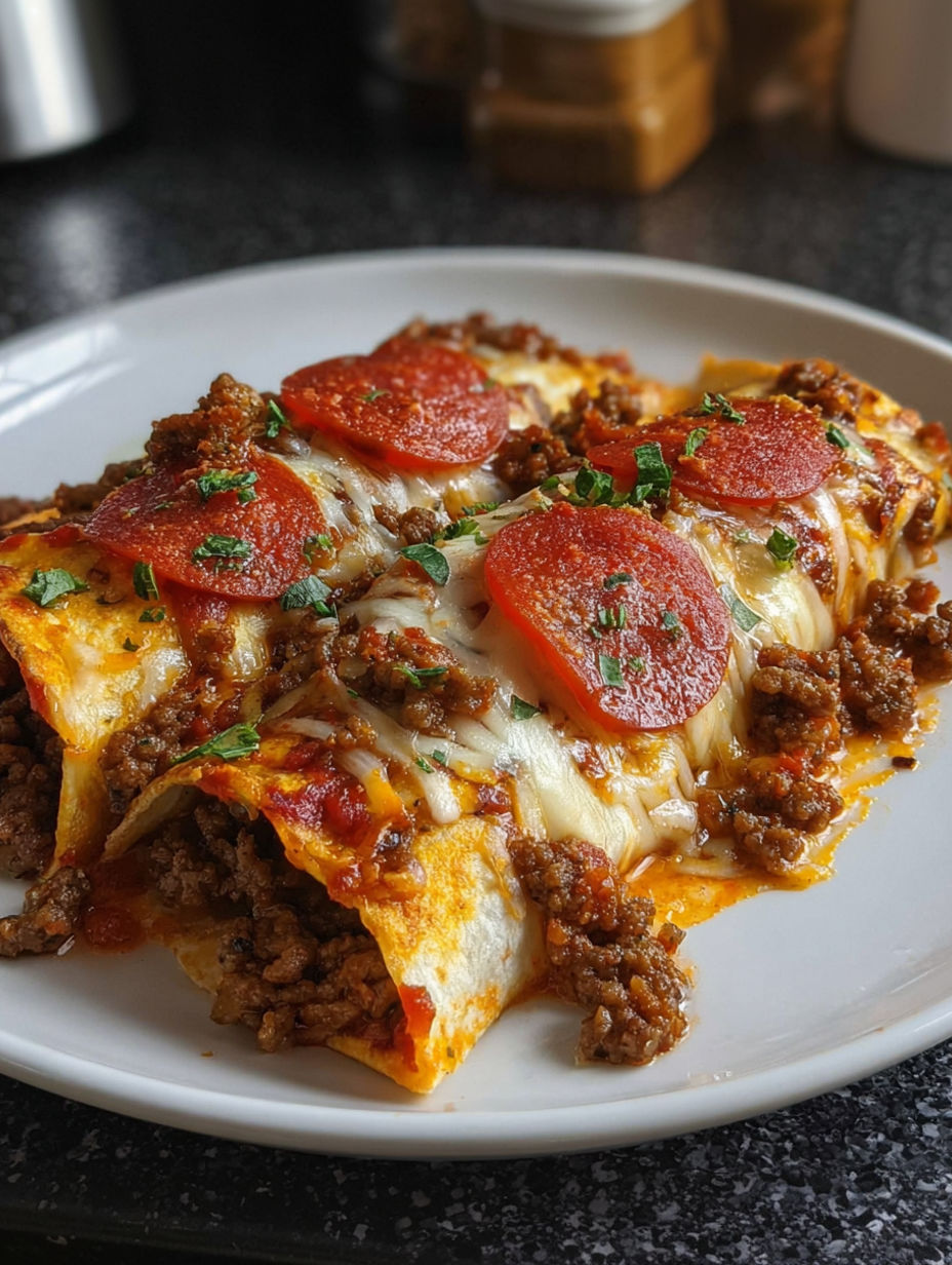 A plate of food with pepperoni and cheese on it.