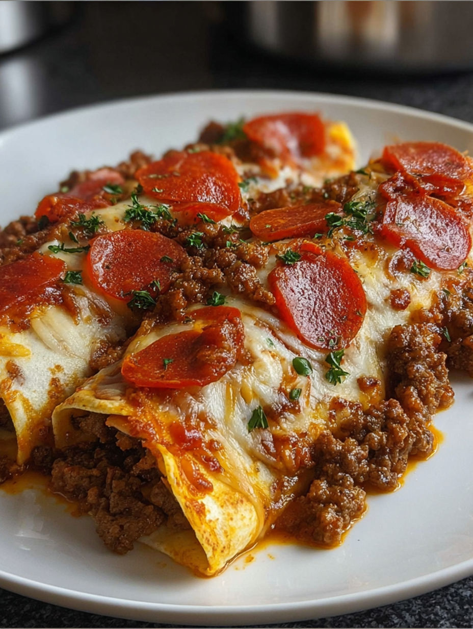 A plate of food with pepperoni and cheese on it.