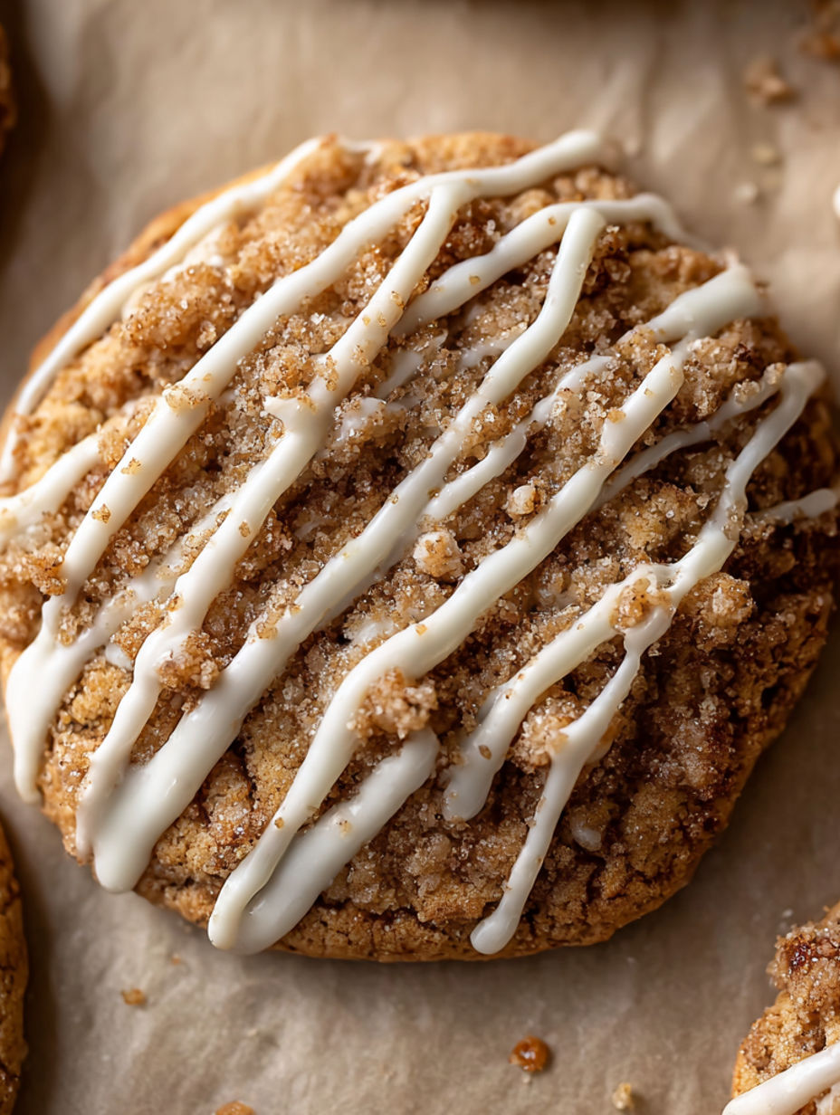 A close up of a cookie with white icing and brown sugar.