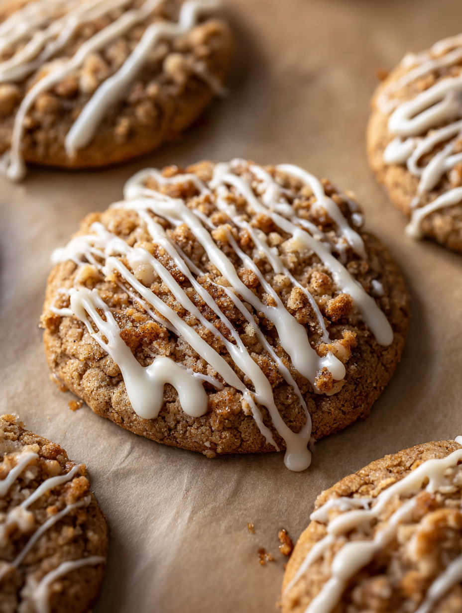 A close up of a cookie with white icing.