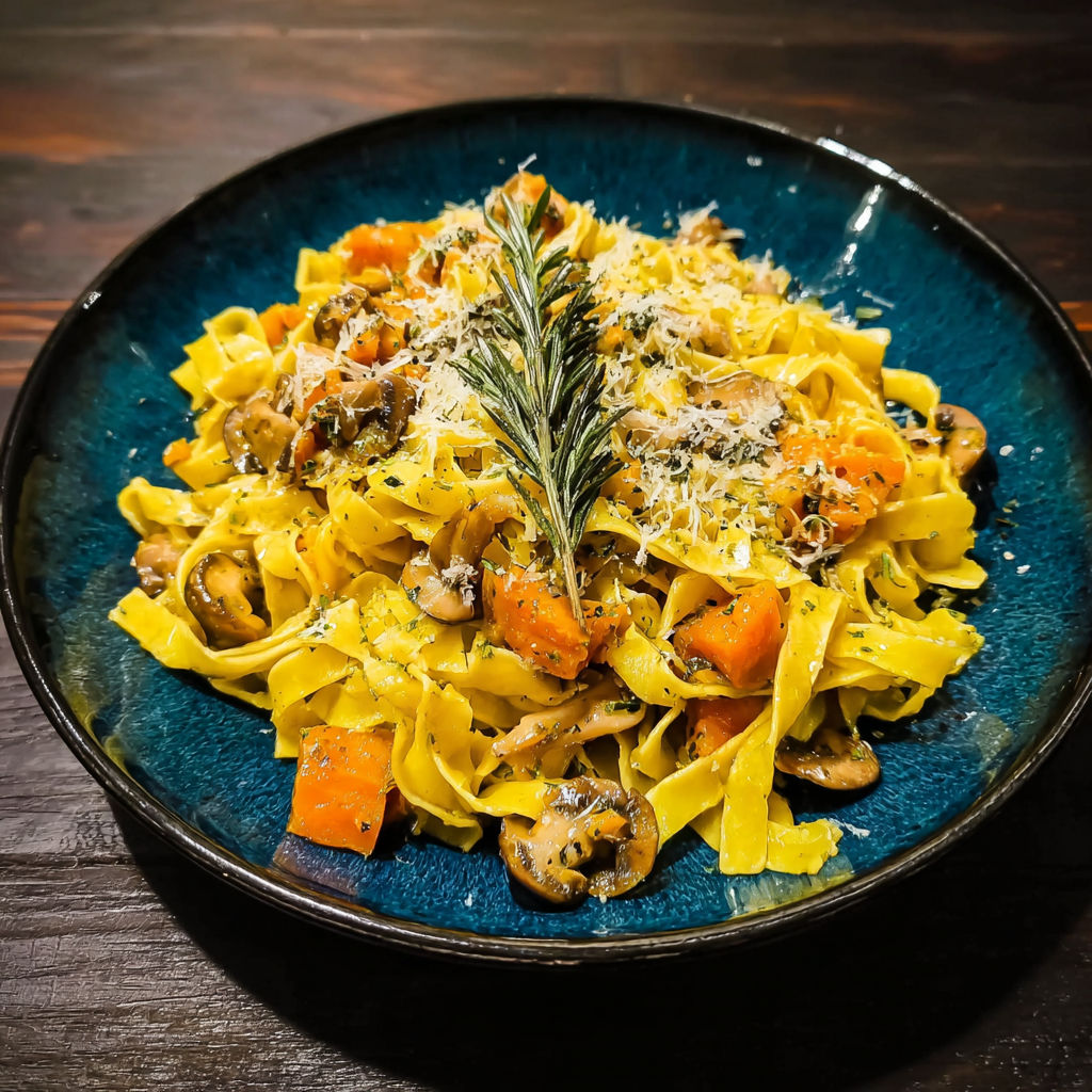 A plate of pasta with mushrooms and carrots.