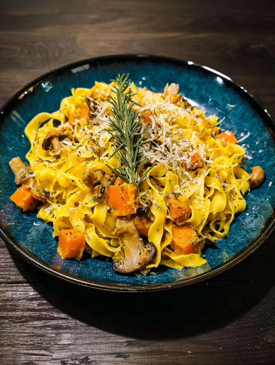 A bowl of pasta with mushrooms and carrots.