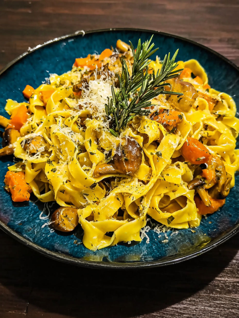 A bowl of pasta with mushrooms and carrots.