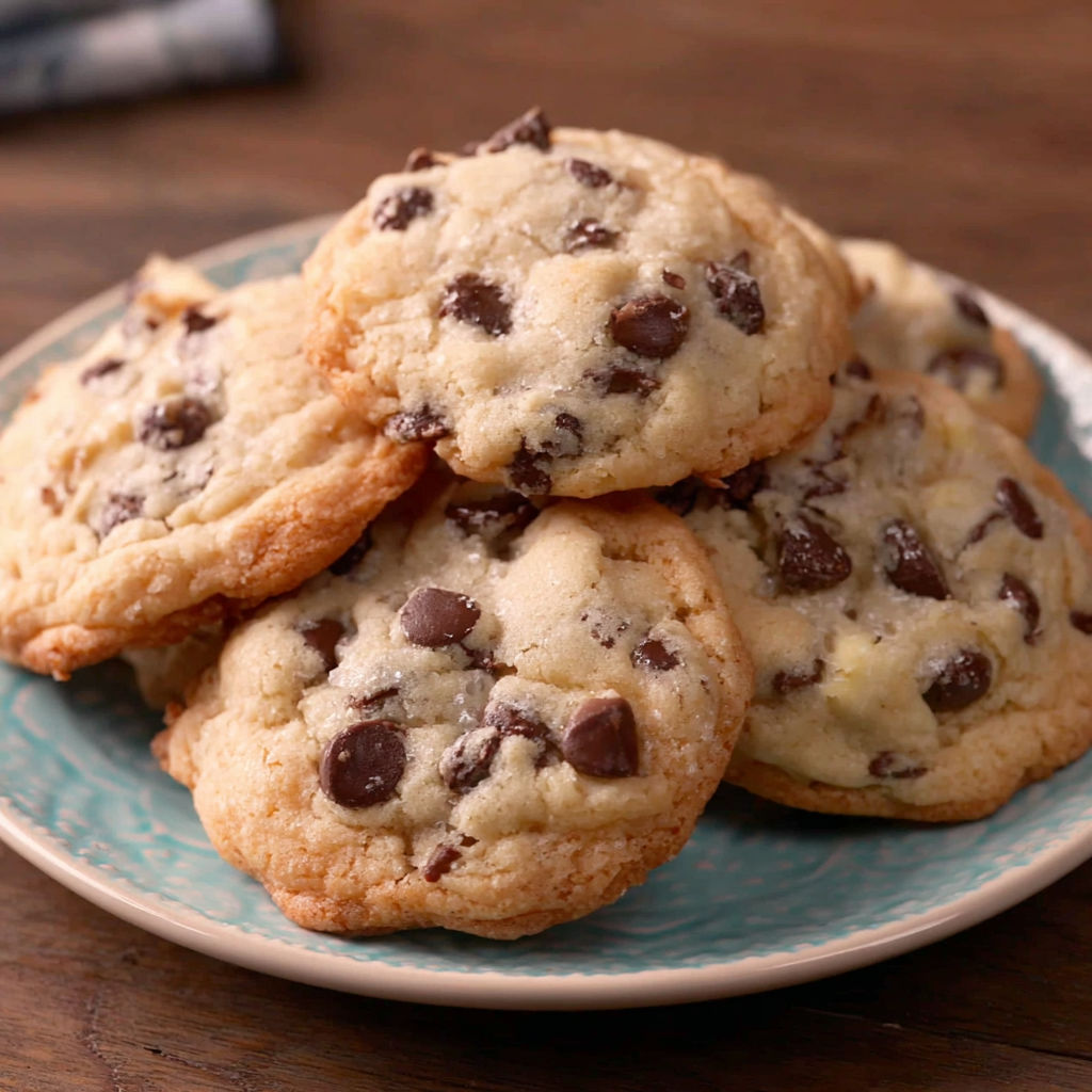 A plate of chocolate chip cookies with chocolate chips on top.