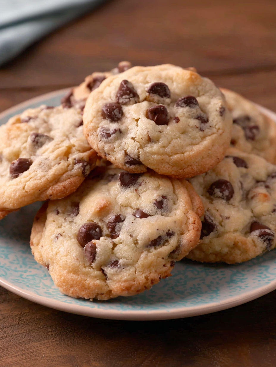 A plate of chocolate chip cookies.