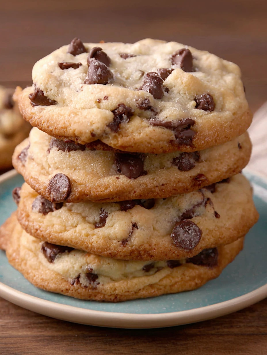 Three stacks of chocolate chip cookies.