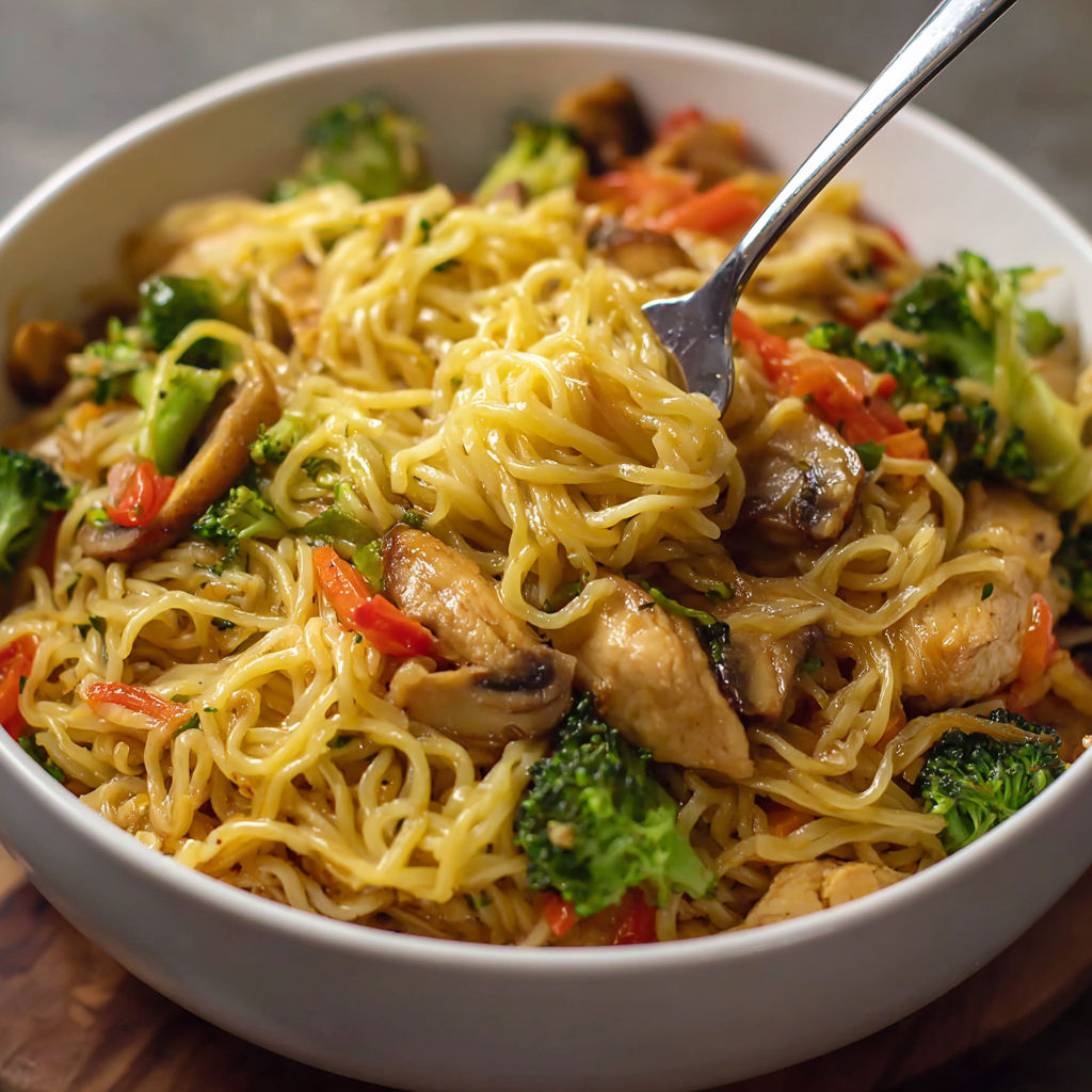 A bowl of chicken stir fry noodles.