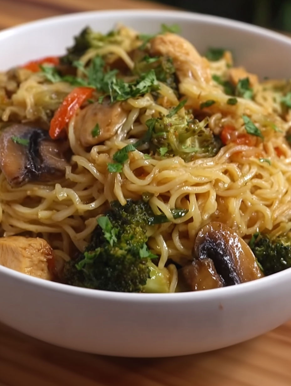 A bowl of chicken ramen stir fry with broccoli and mushrooms.