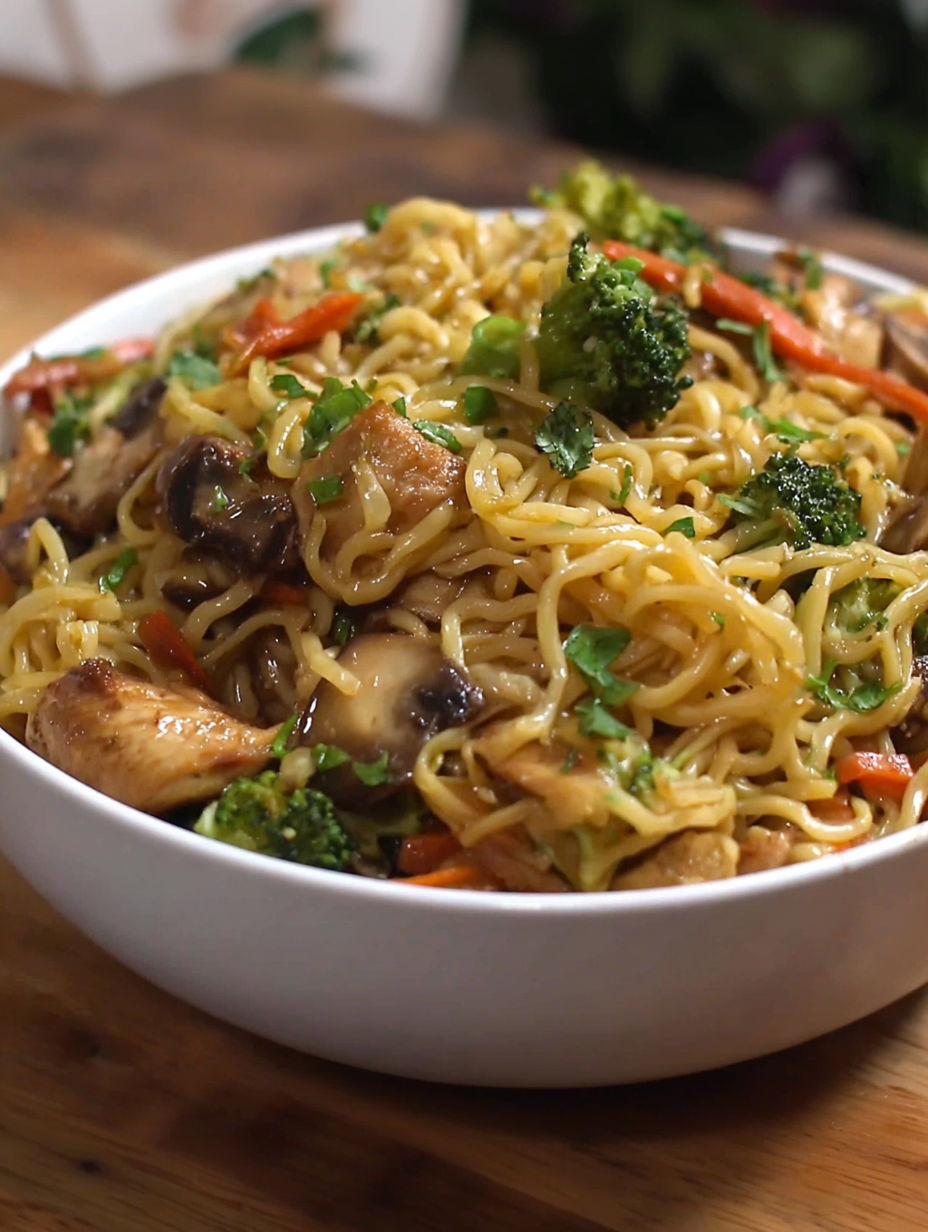 A bowl of chicken stir fry with noodles and vegetables.