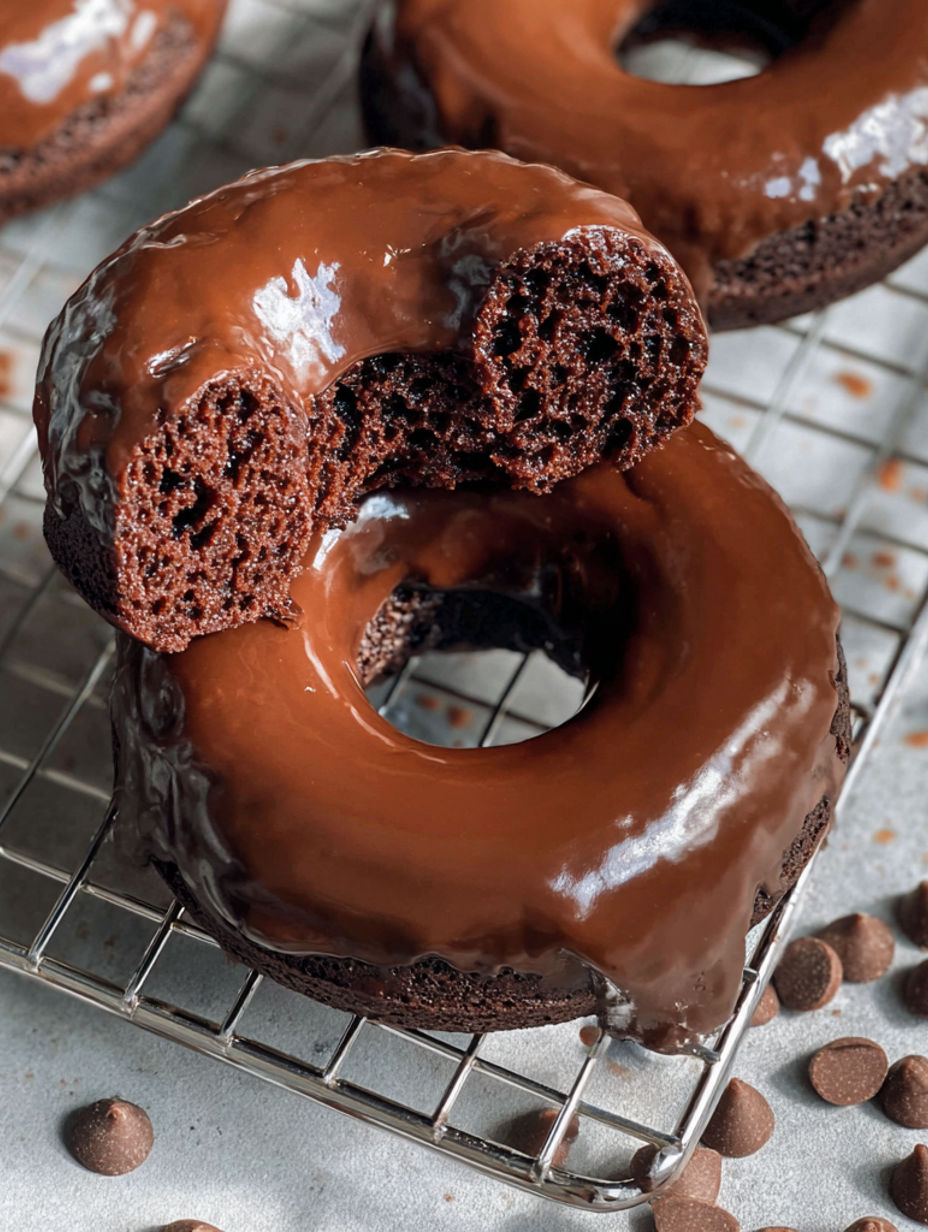A chocolate donut with chocolate frosting and chocolate chips.