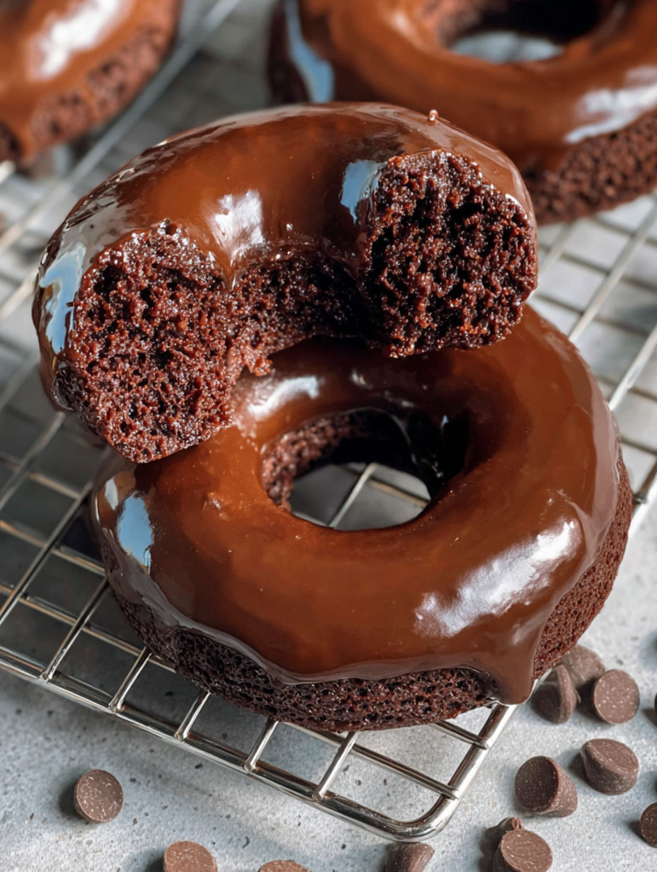 Two chocolate donuts with chocolate frosting and chocolate chips.