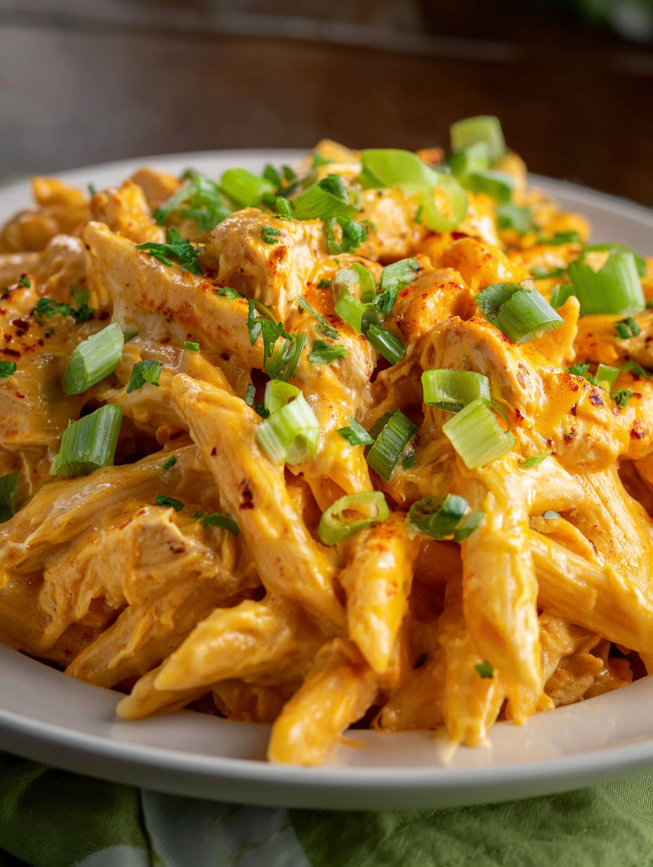 A plate of cremige buffalo chicken pasta.