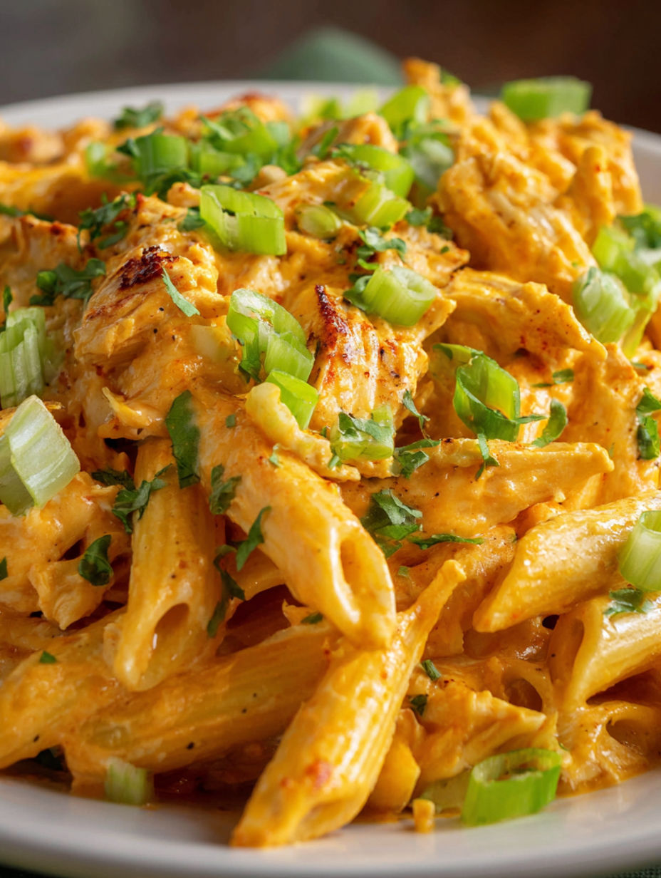 A dish of cremige buffalo chicken pasta.