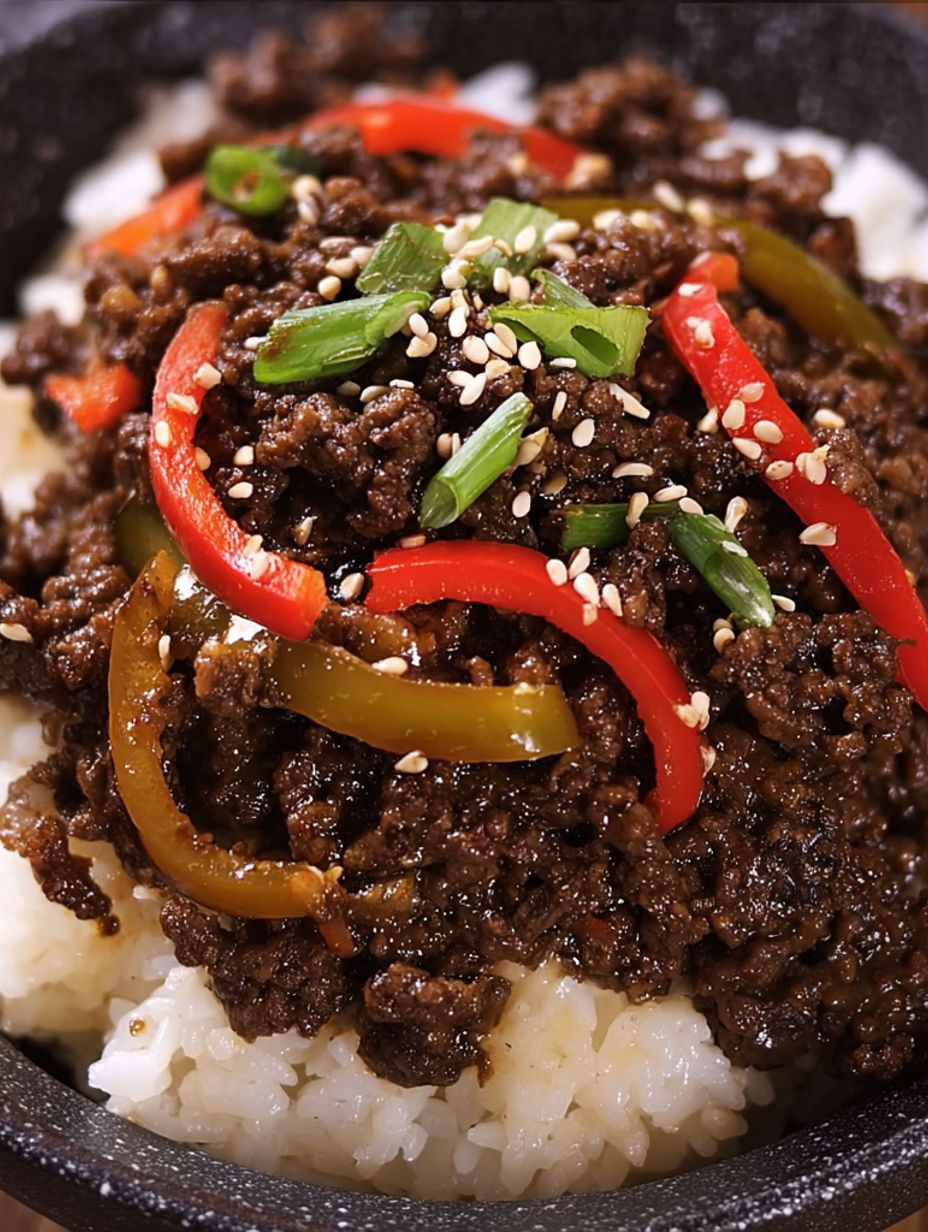A bowl of beef with peppers and onions.
