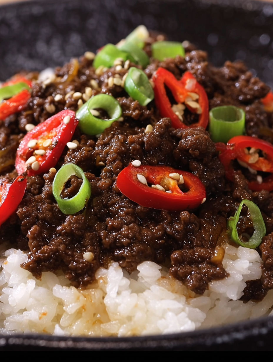 A close up of a delicious beef bowl with rice and peppers.