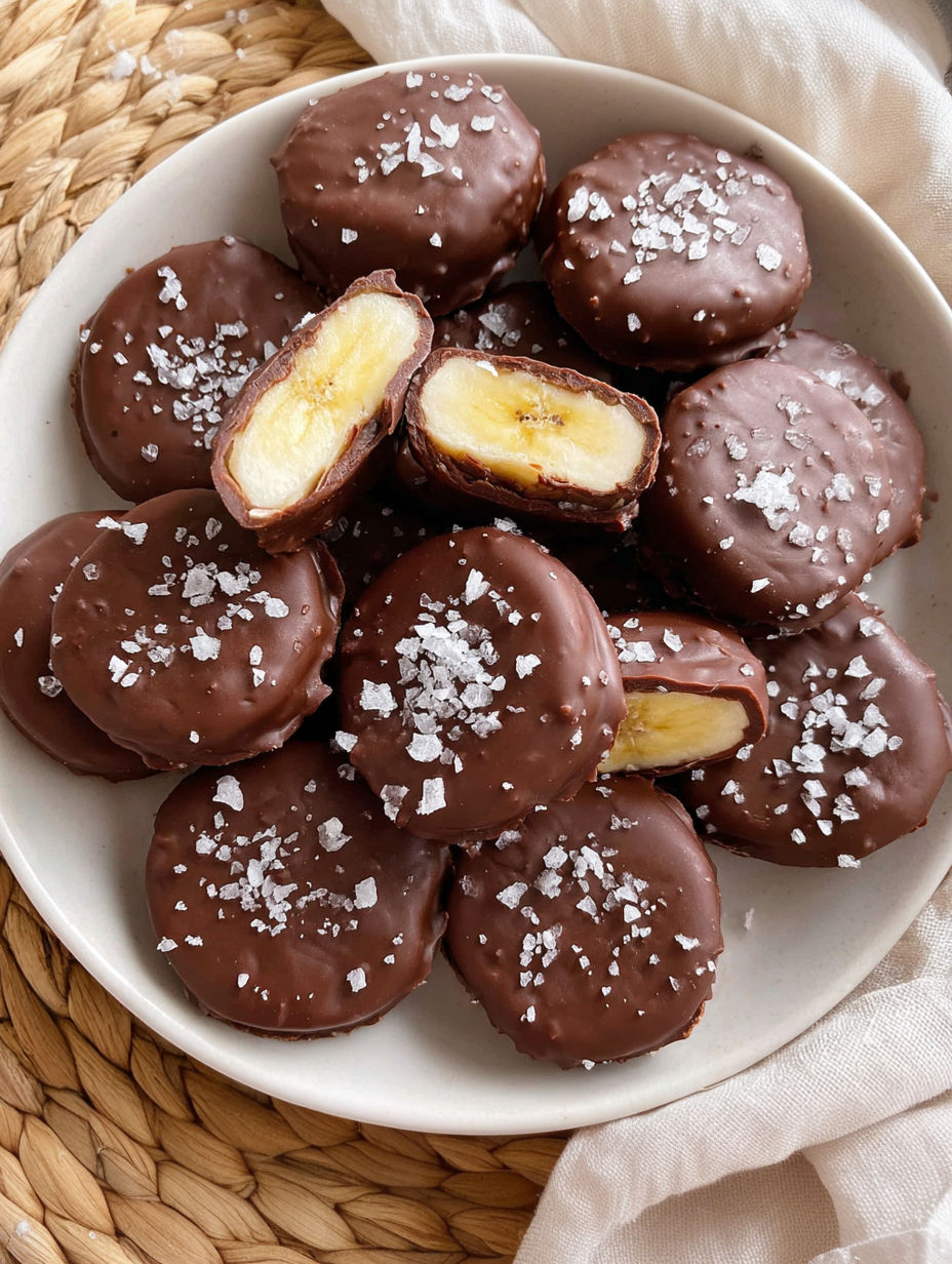 A plate of frozen chocolate banana bites.