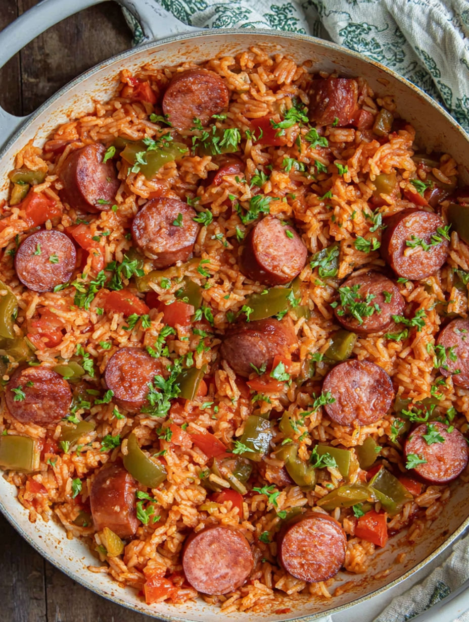 A dish of Cajun-Wurst mit Reis.