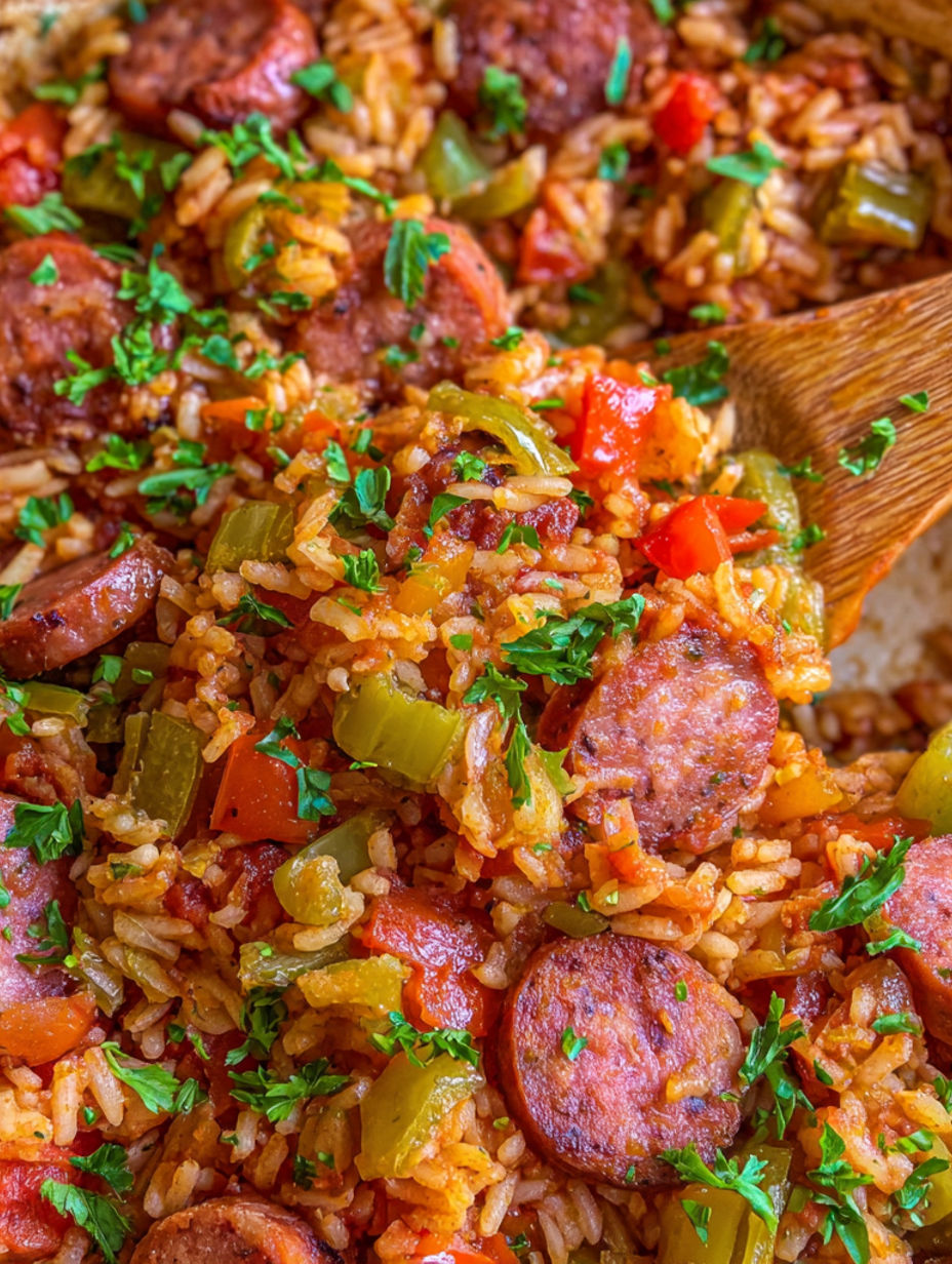 A plate of rice and sausage.