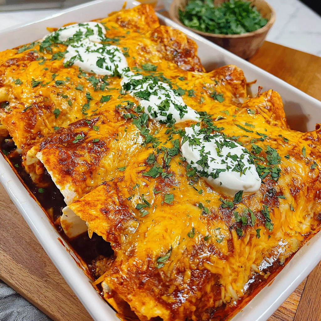 A white bowl filled with a delicious meal of bean and cheese enchiladas.