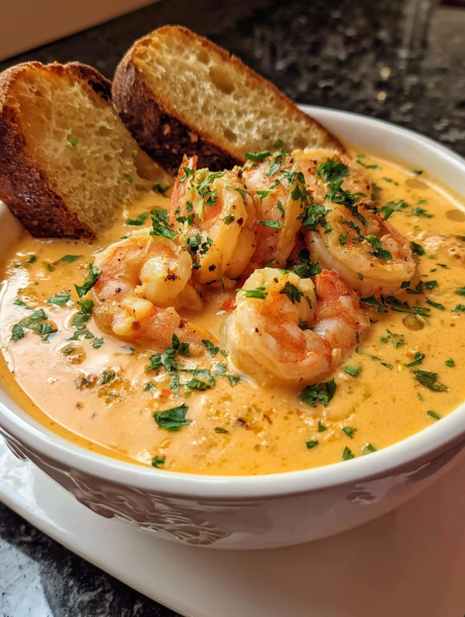 A bowl of creamy crab and shrimp seafood bisque.