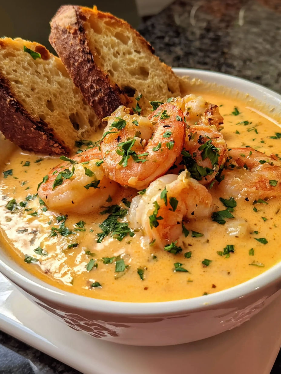 A bowl of creamy crab and shrimp seafood bisque.