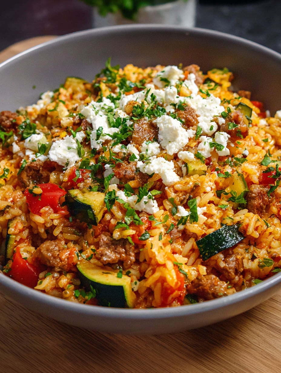 A bowl of rice with zucchini and feta cheese.