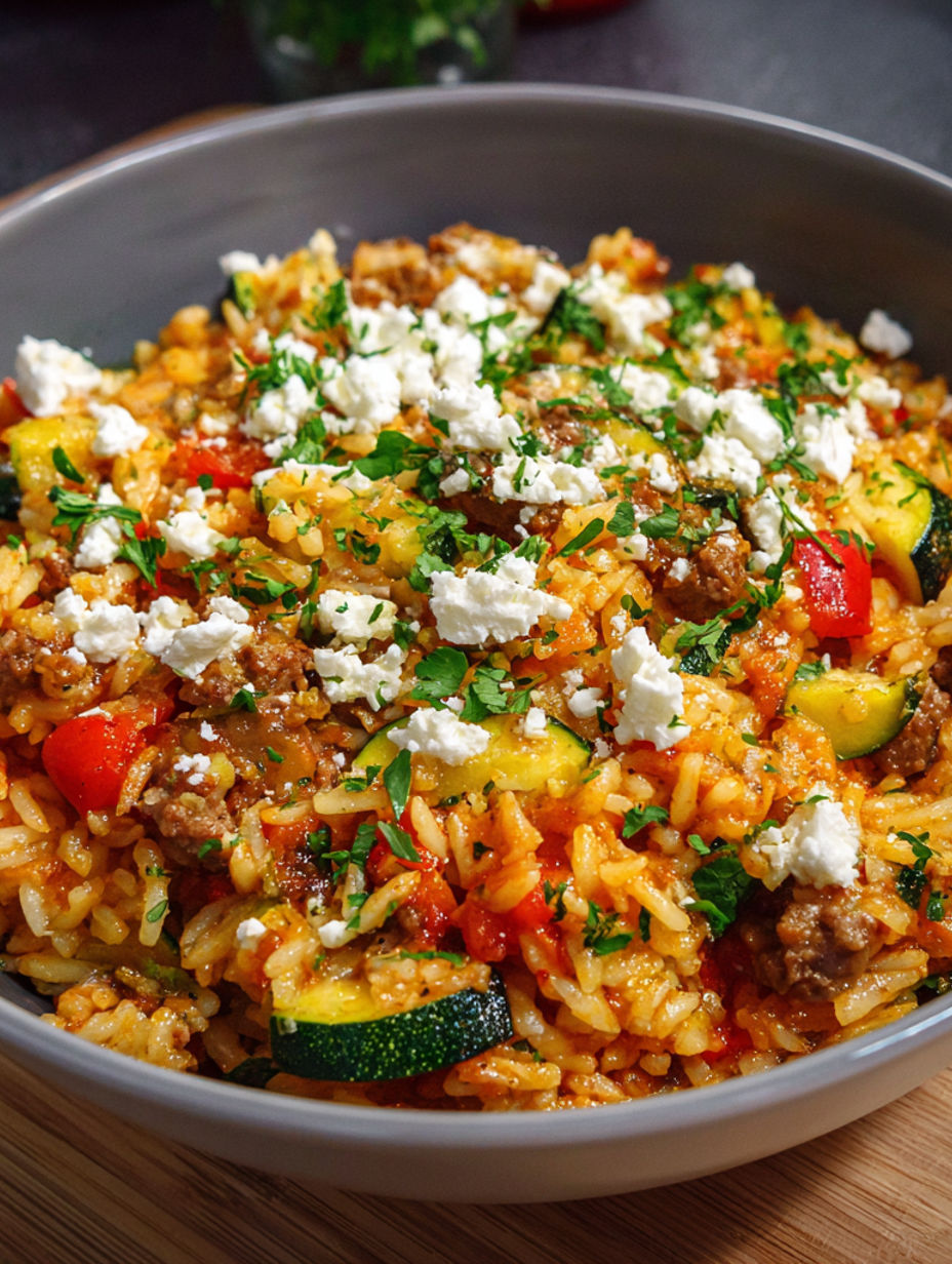 A bowl of rice with zucchini and feta cheese.