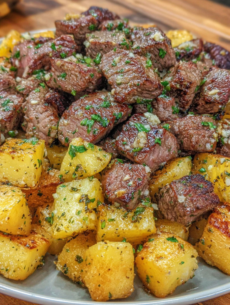 A close up of a plate of garlic butter steak bites and potatoes.