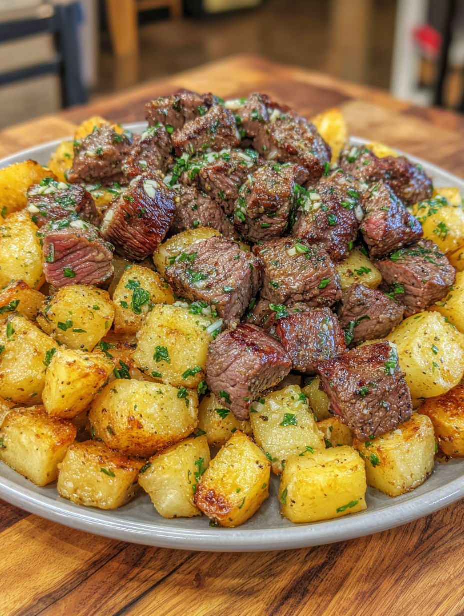 A plate of steak bites and potatoes with garlic butter.