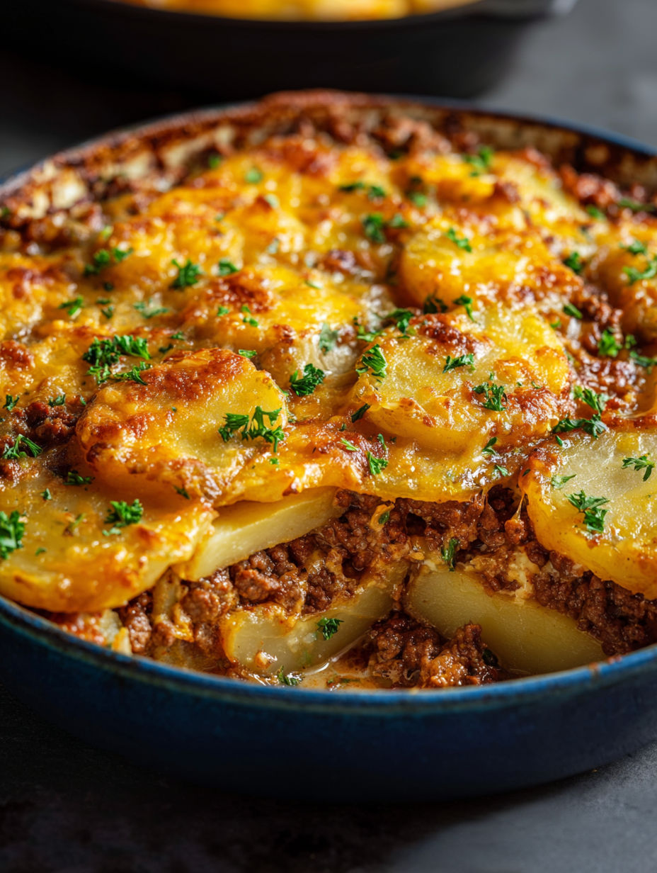 A delicious cheesy ground beef and potatoes dish.