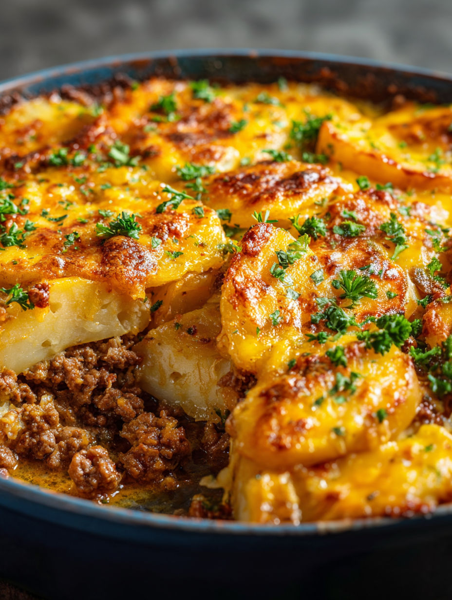 A dish of cheesy ground beef and potatoes.
