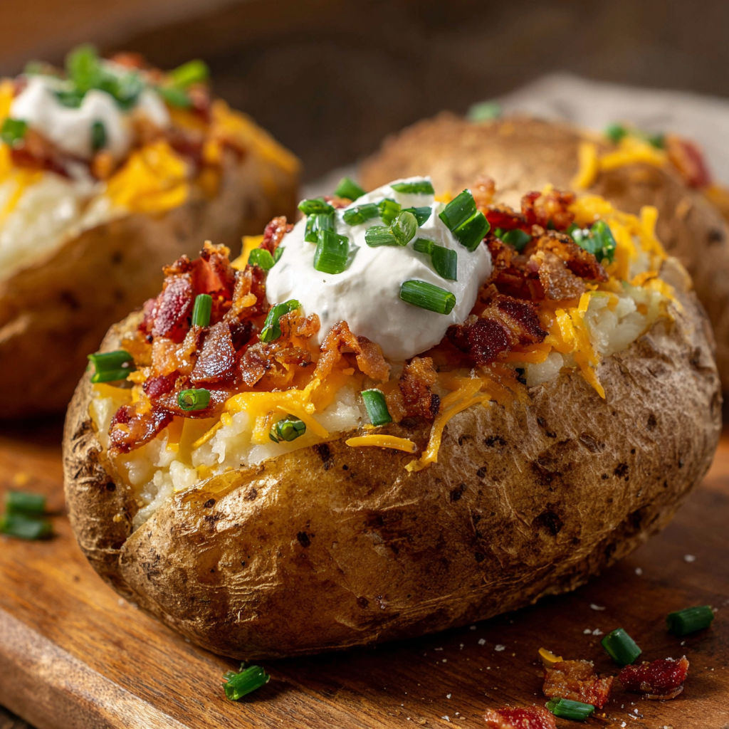 Twice baked potatoes with cheese and bacon.