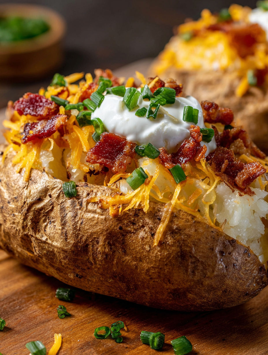 Twice baked potatoes with cheese and bacon.