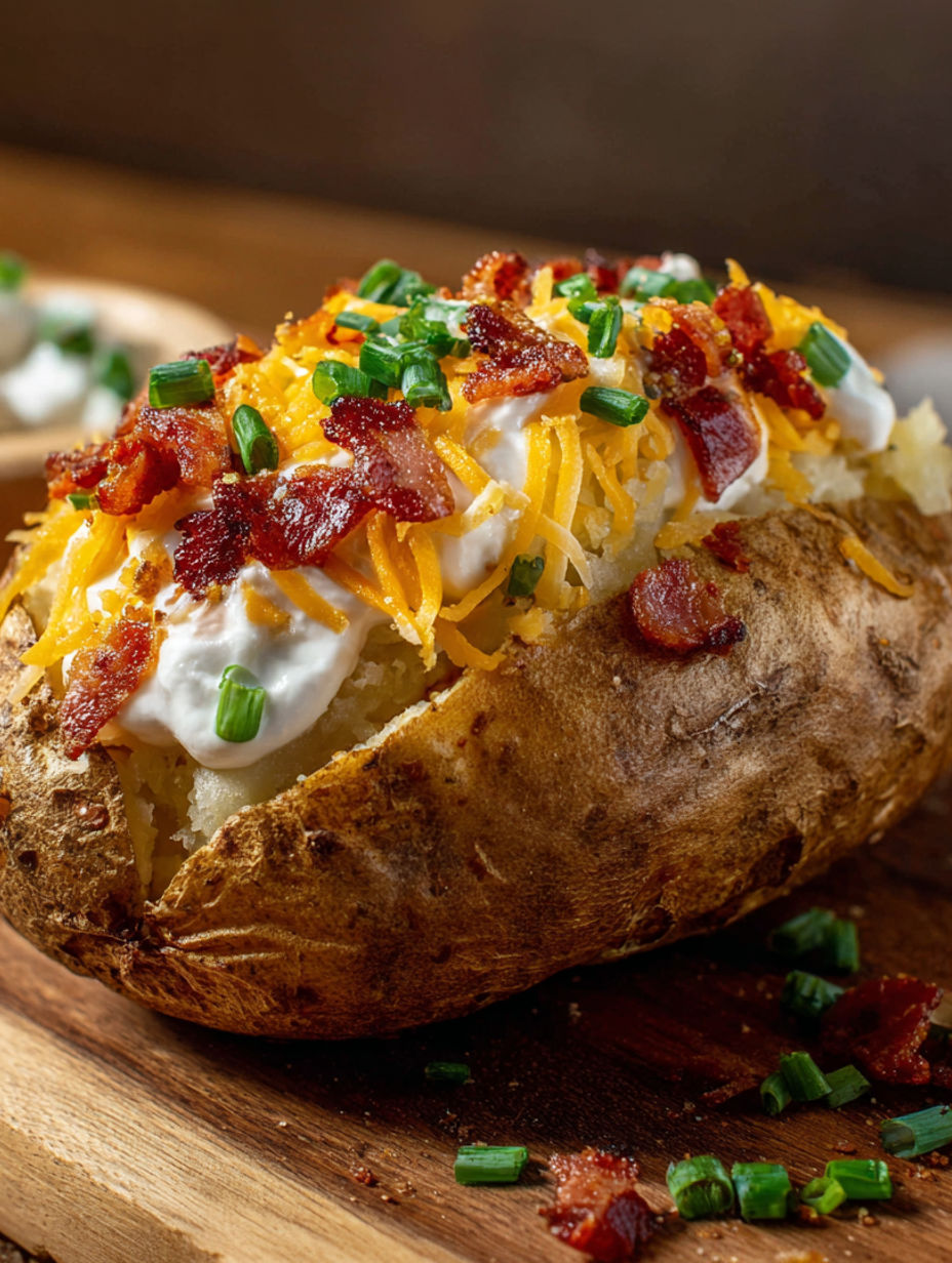 Twice baked potatoes with cheese and bacon.
