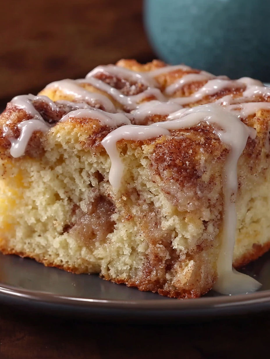 A slice of cinnabon cinnamon roll cake.