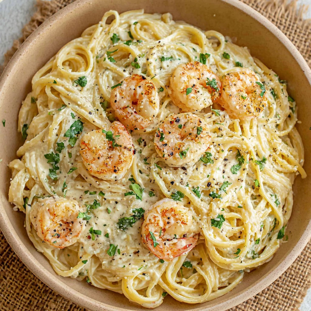 A bowl of spaghetti with shrimp and cream sauce.