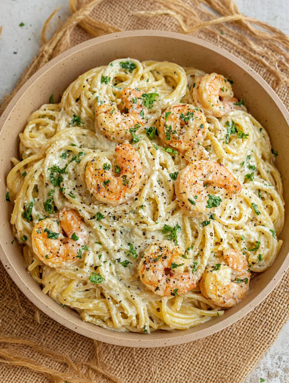 A bowl of spaghetti with shrimp and cream sauce.
