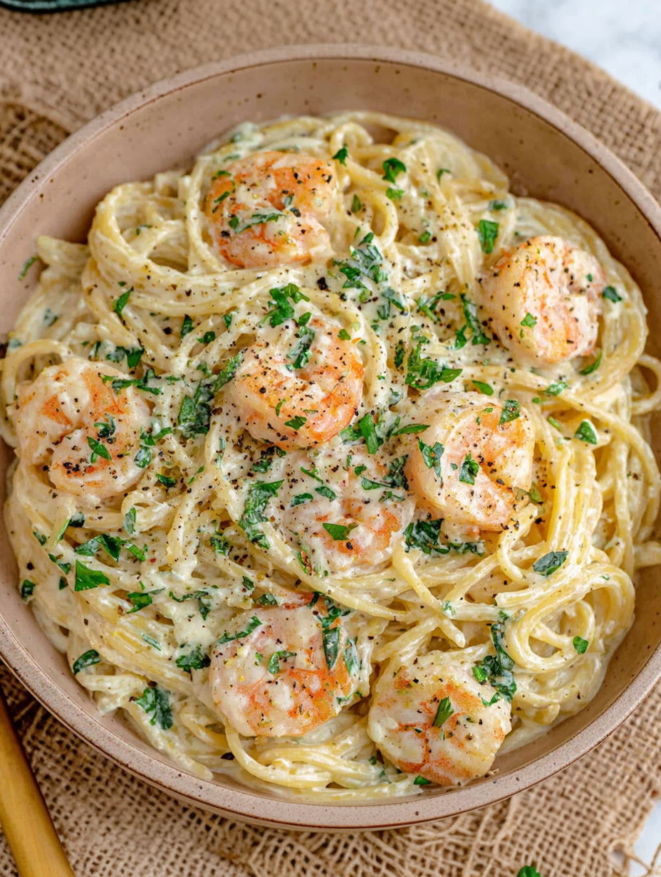 A bowl of spaghetti with shrimp and herbs.