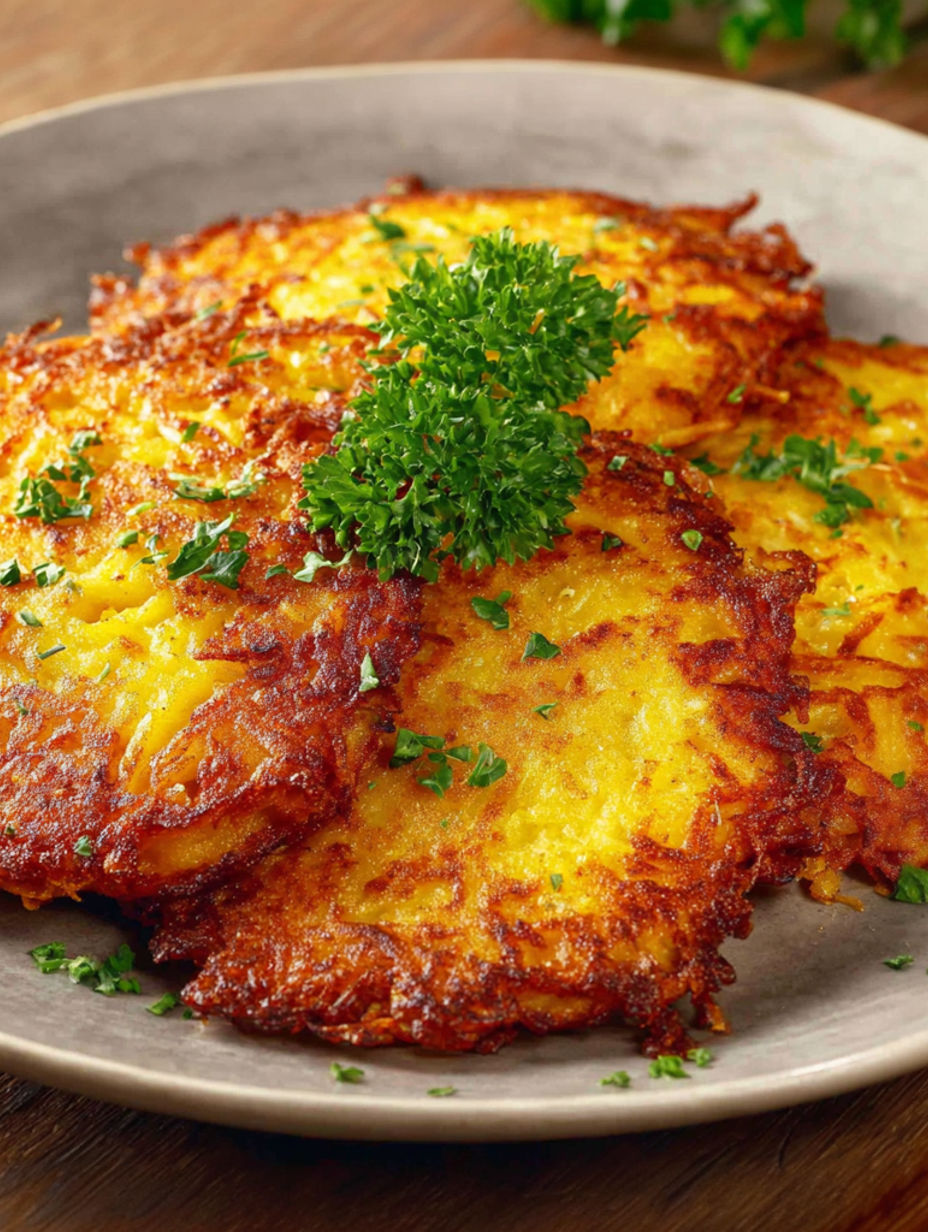 Two pieces of Kartoffelpuffer on a plate.