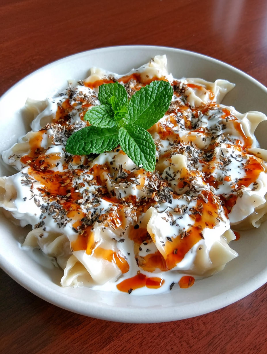 A plate of food with manti, mint, and butter.