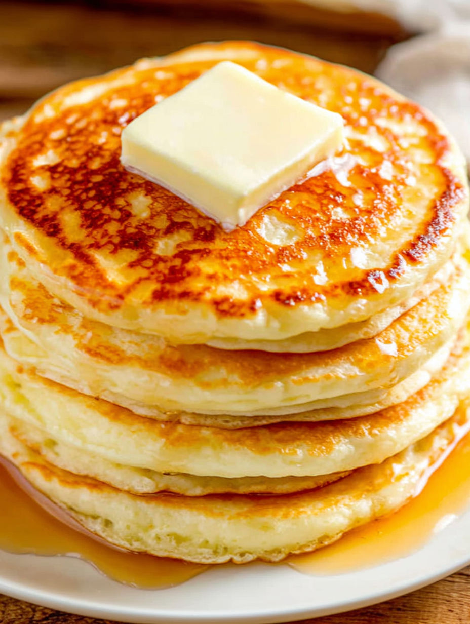 A stack of fluffy pancakes with butter on top.