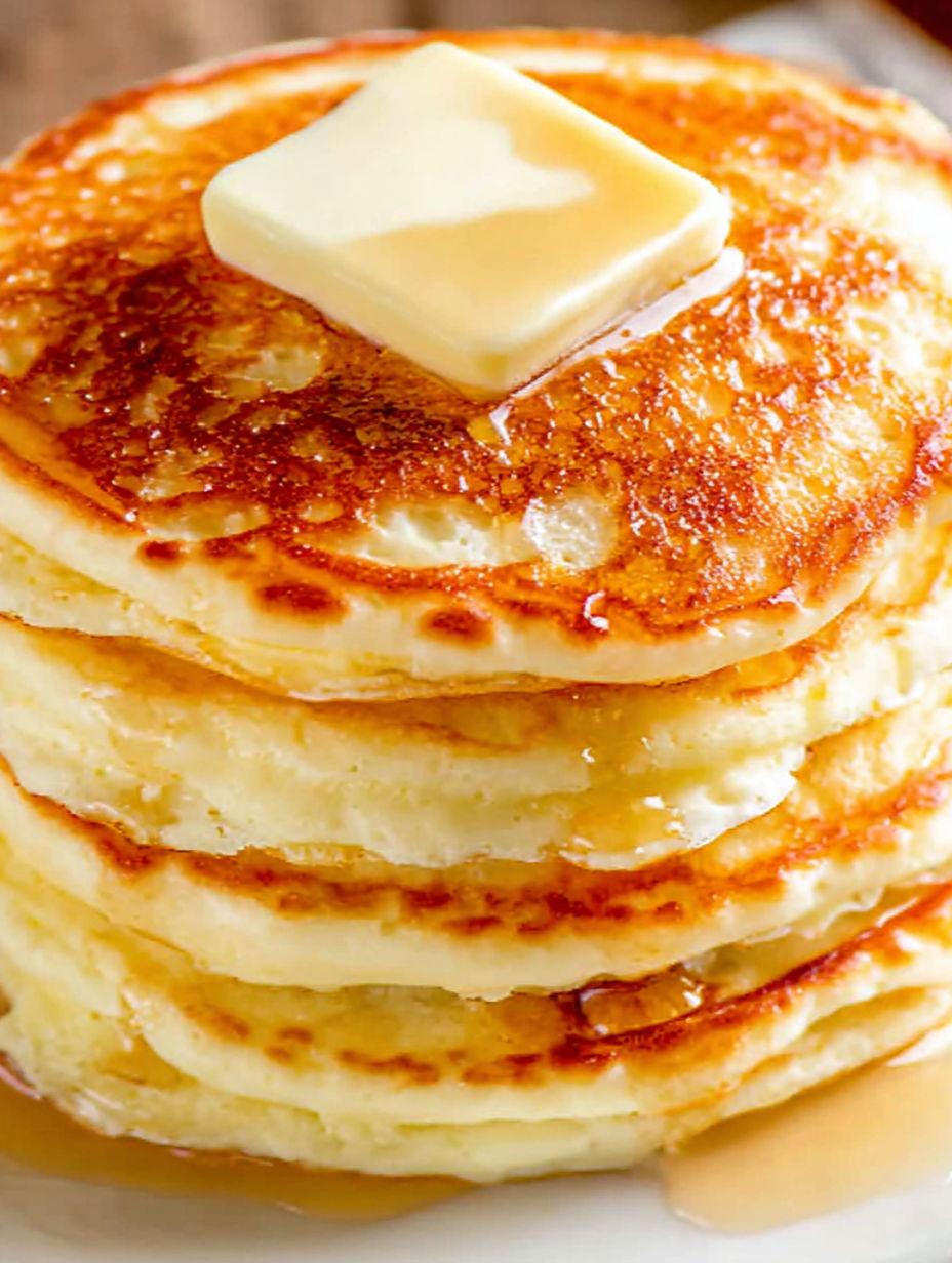 A stack of fluffy pancakes with butter on top.