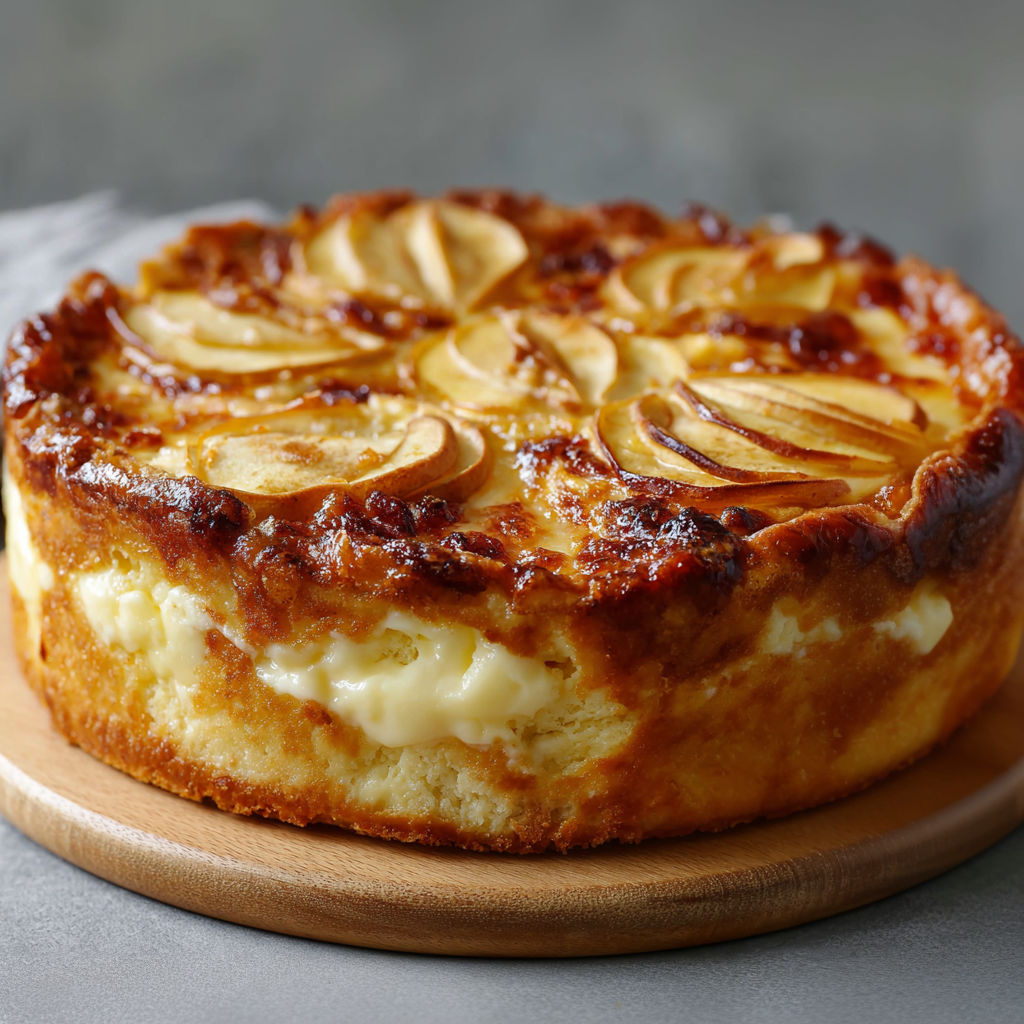 A slice of apple pie with vanilla custard.